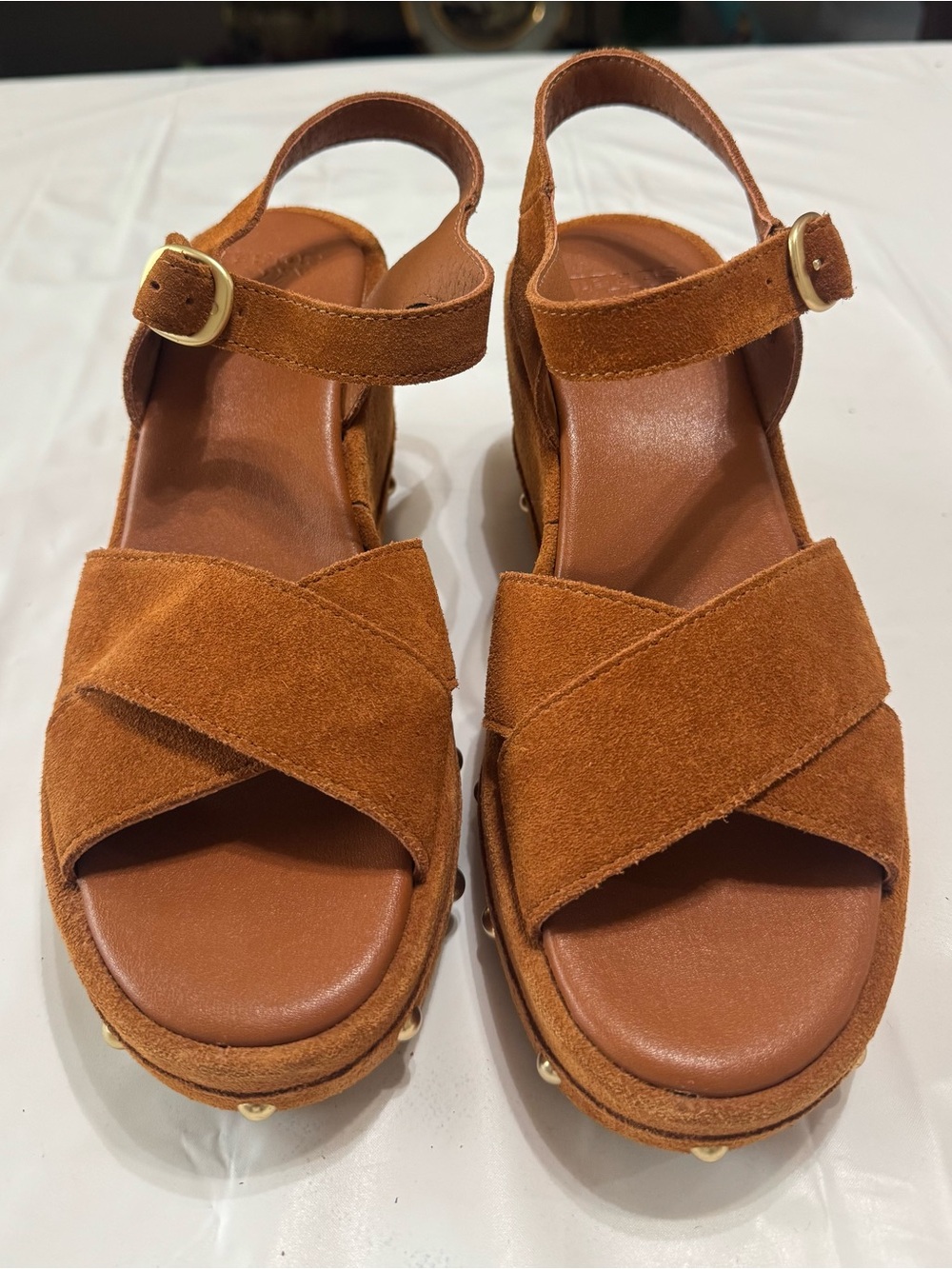 Sorel Brown Suede Studded Wedge Sandals with Ankle Strap - Picture 8 of 8